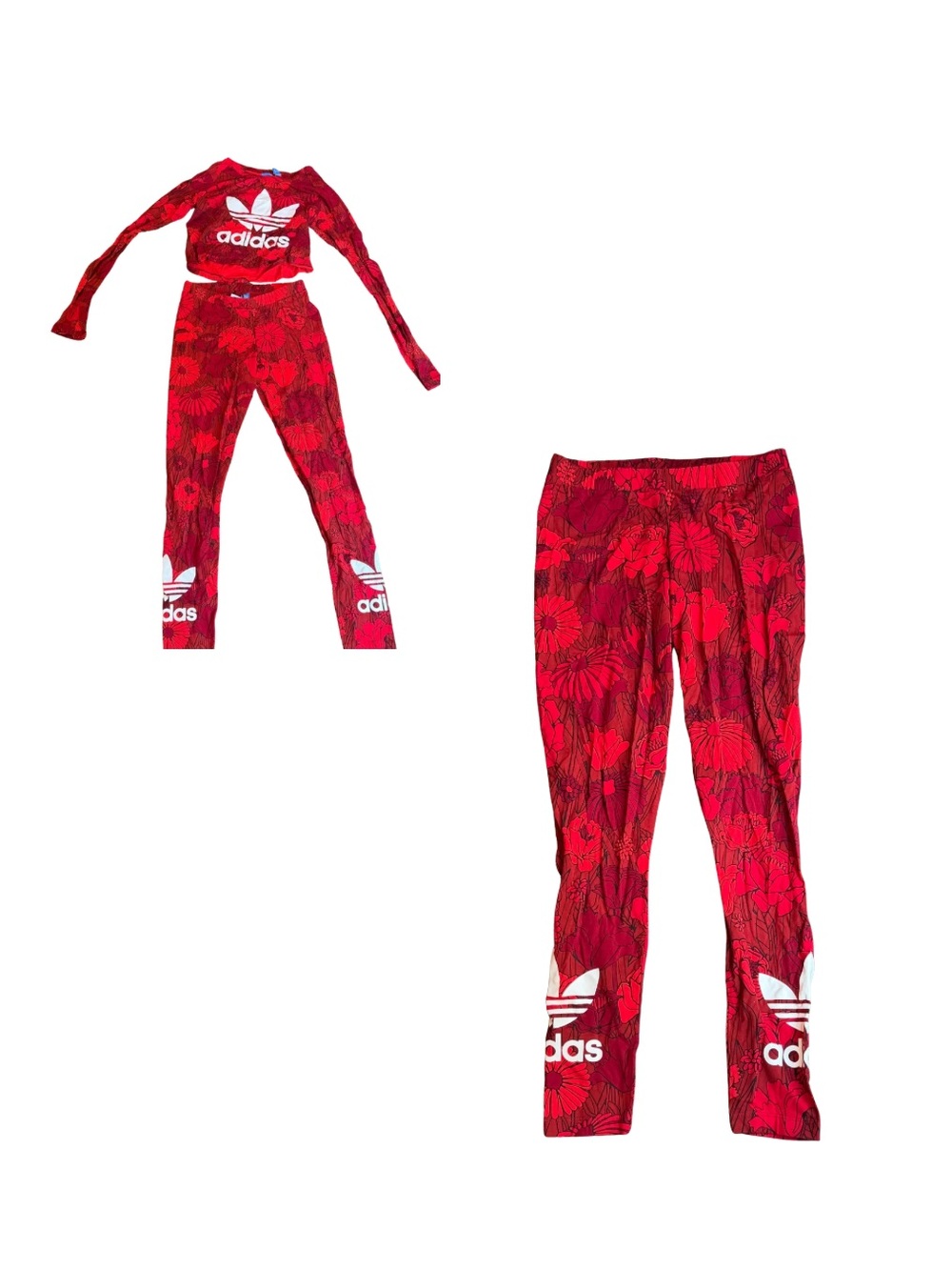 adidas Red Floral Two-Piece Crop Top & Leggings Set
